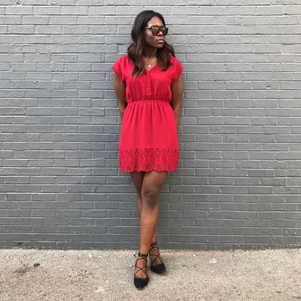 Red/crimson dress with scallop eyelet trim